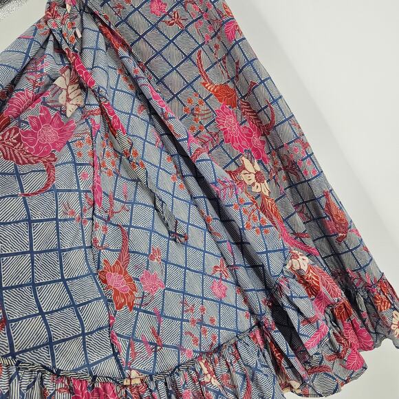 Apiece Apart Feliz Wrap Skirt Blue Red Floral Check Ruffle Hem Midi Size 0 - Picture 5 of 7